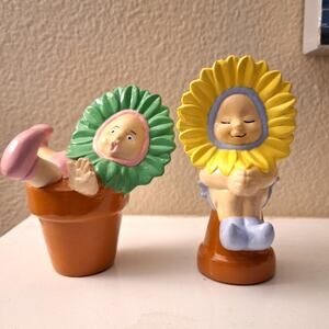 Vintage ceramic Dona hand painted sunflower babies in pot figurines set of 2